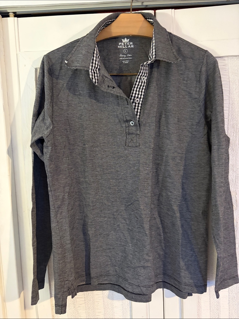 PETER MILLAR GREY LONG SLEEVE PERFORMANCE POLO GINGHAM EDGES WOMENS LG